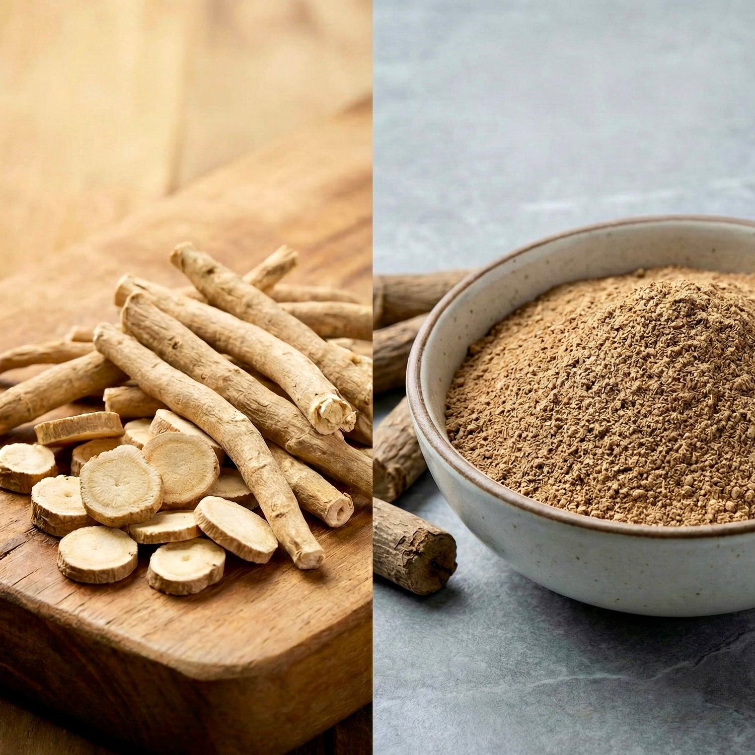 Side by side comparison of organic Ashwagandha root and Kava root used in Yerba Buena Tea Co. wellness blends.
