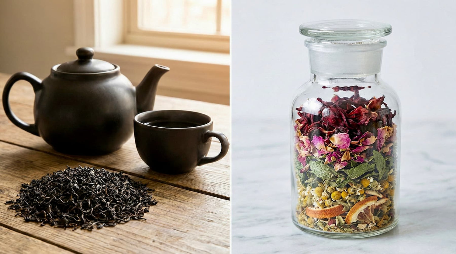 Comparison of black tea leaves versus organic herbal tea ingredients like hibiscus and peppermint.