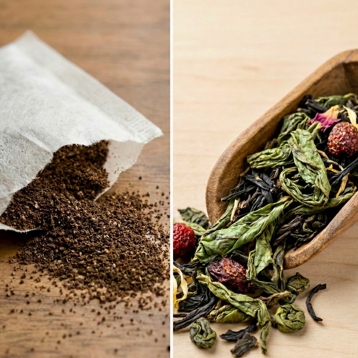 Side-by-side comparison of broken tea bag dust and whole loose leaf tea with real botanicals, by Yerba Buena Tea Co.