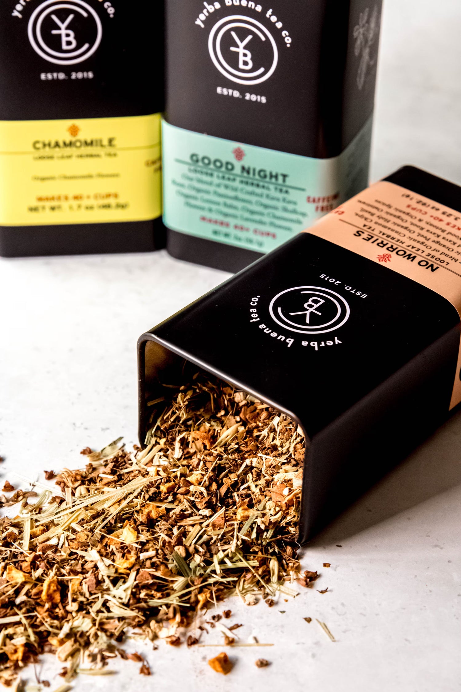 Calming herbal tea tins from the Yerba Buena Tea Co. sleep collection, featuring kava root and chamomile blends.