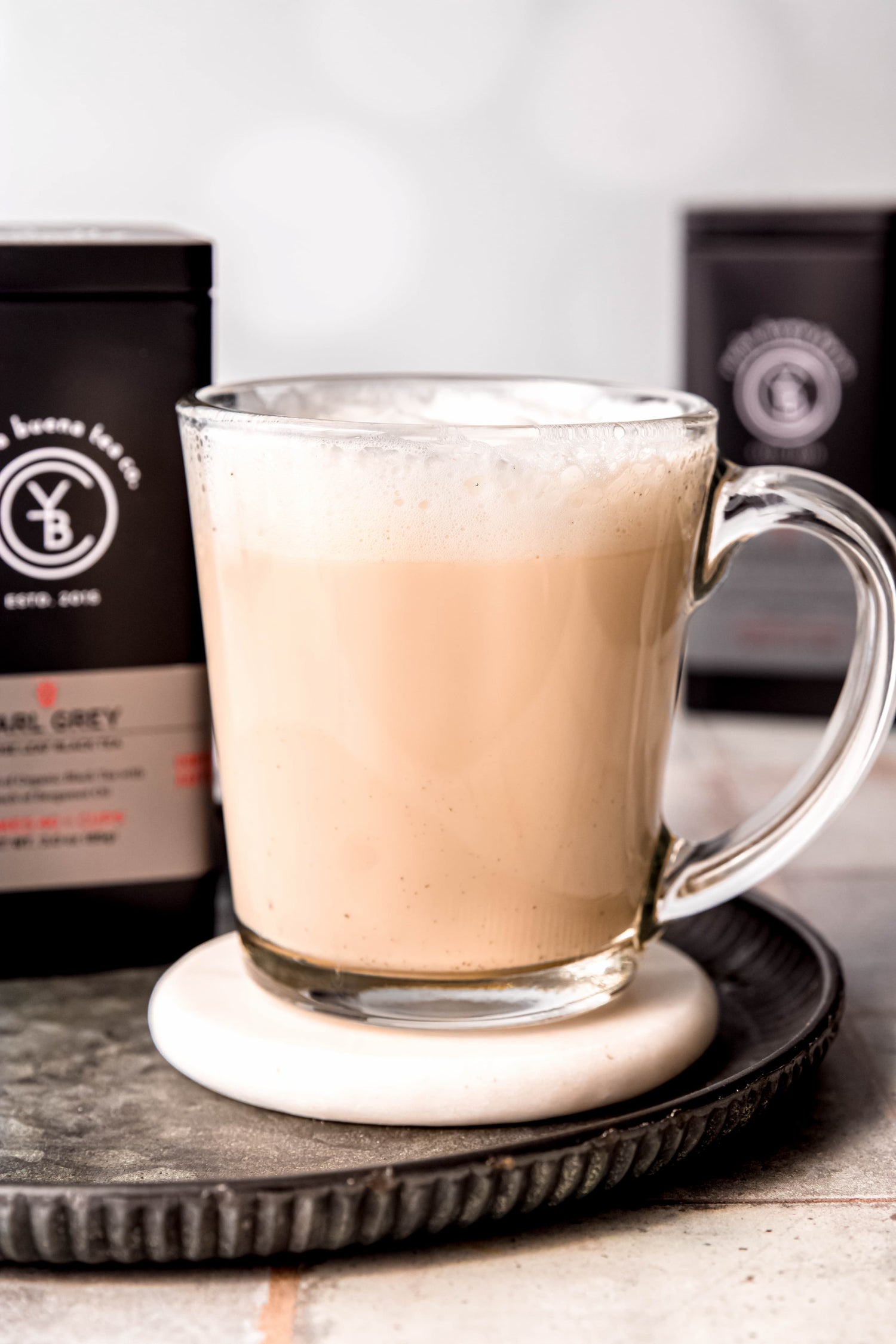 Creamy London Fog latte made with organic Earl Grey tea, vanilla, and steamed milk, by Yerba Buena Tea Co.