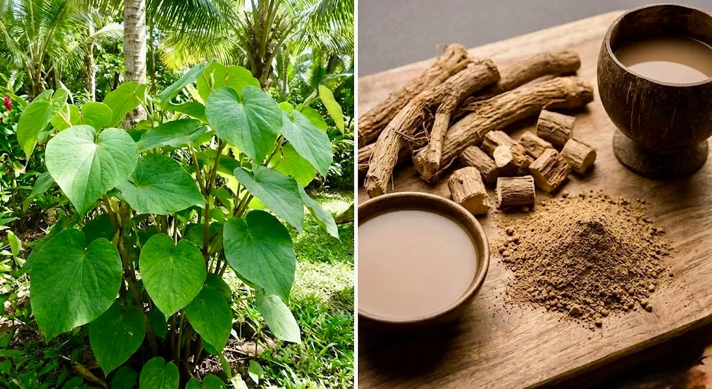 Kava plant growing outdoors alongside dried kava root pieces and ground kava powder prepared for traditional beverages.