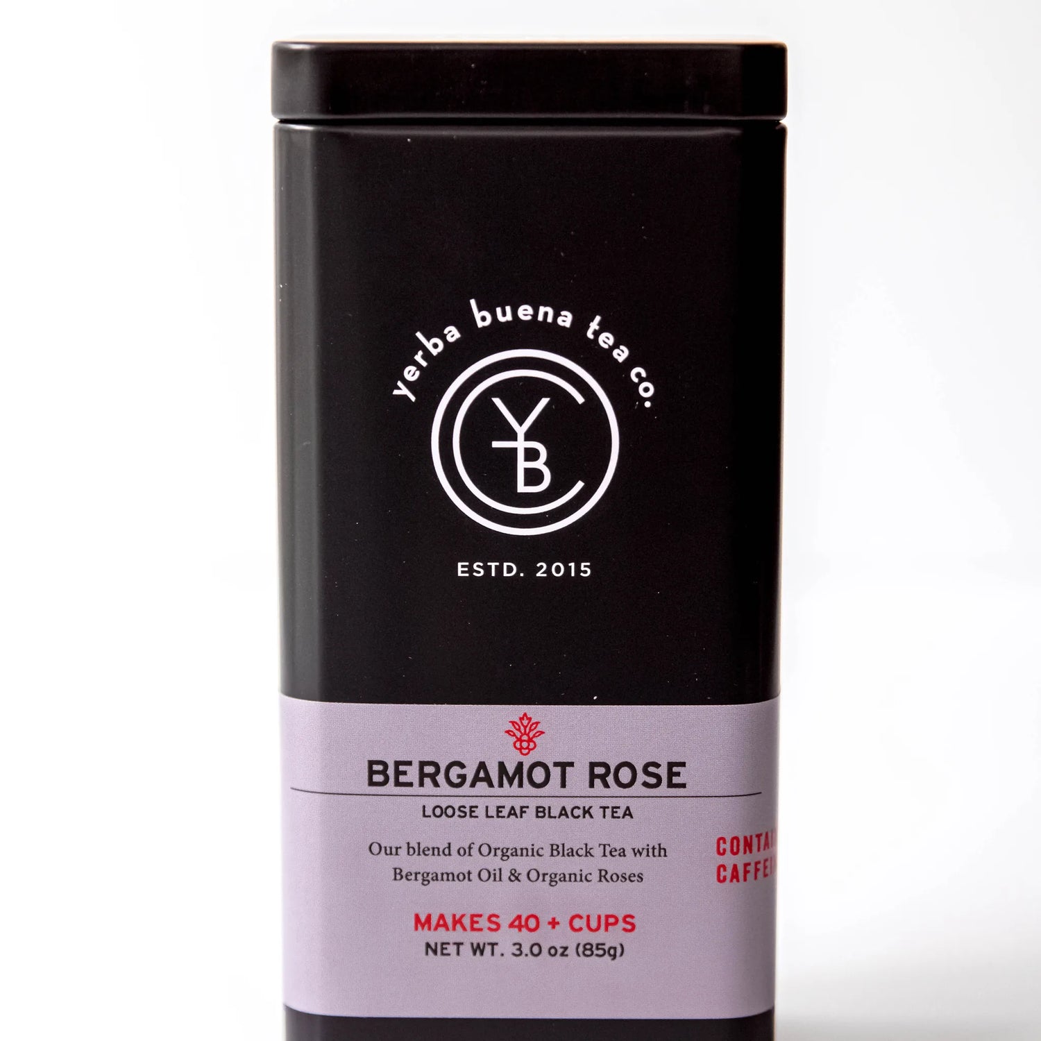 Bergamot Rose loose leaf black tea in a black canister with lavender label band, by Yerba Buena Tea Company.