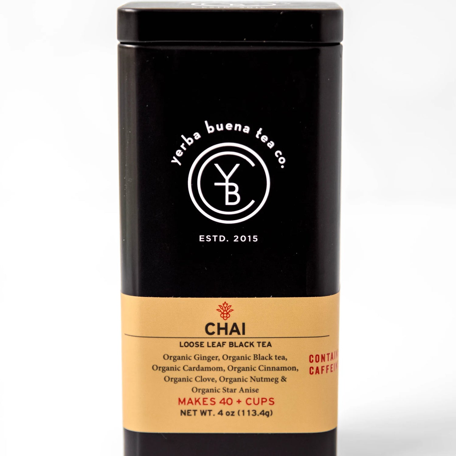 Chai loose leaf black tea in a black metal canister with gold label band, by Yerba Buena Tea Company.