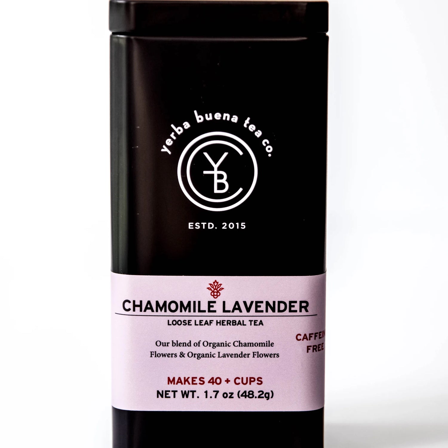 Chamomile Lavender loose leaf herbal tea in a black glass canister with lavender label, by Yerba Buena Tea Company.