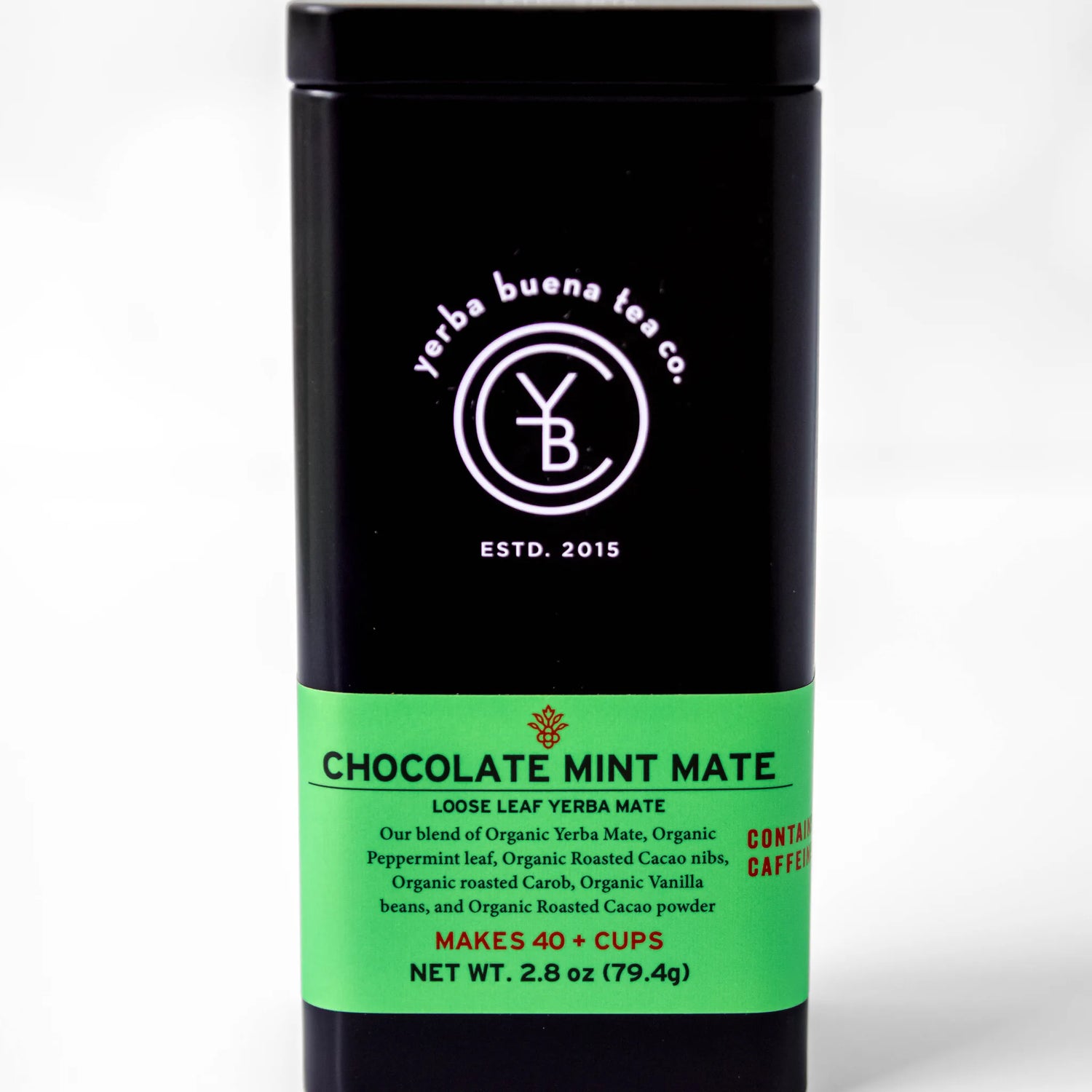 Chocolate Mint Mate loose leaf yerba mate in a black cylindrical canister with green label, by Yerba Buena Tea Company.