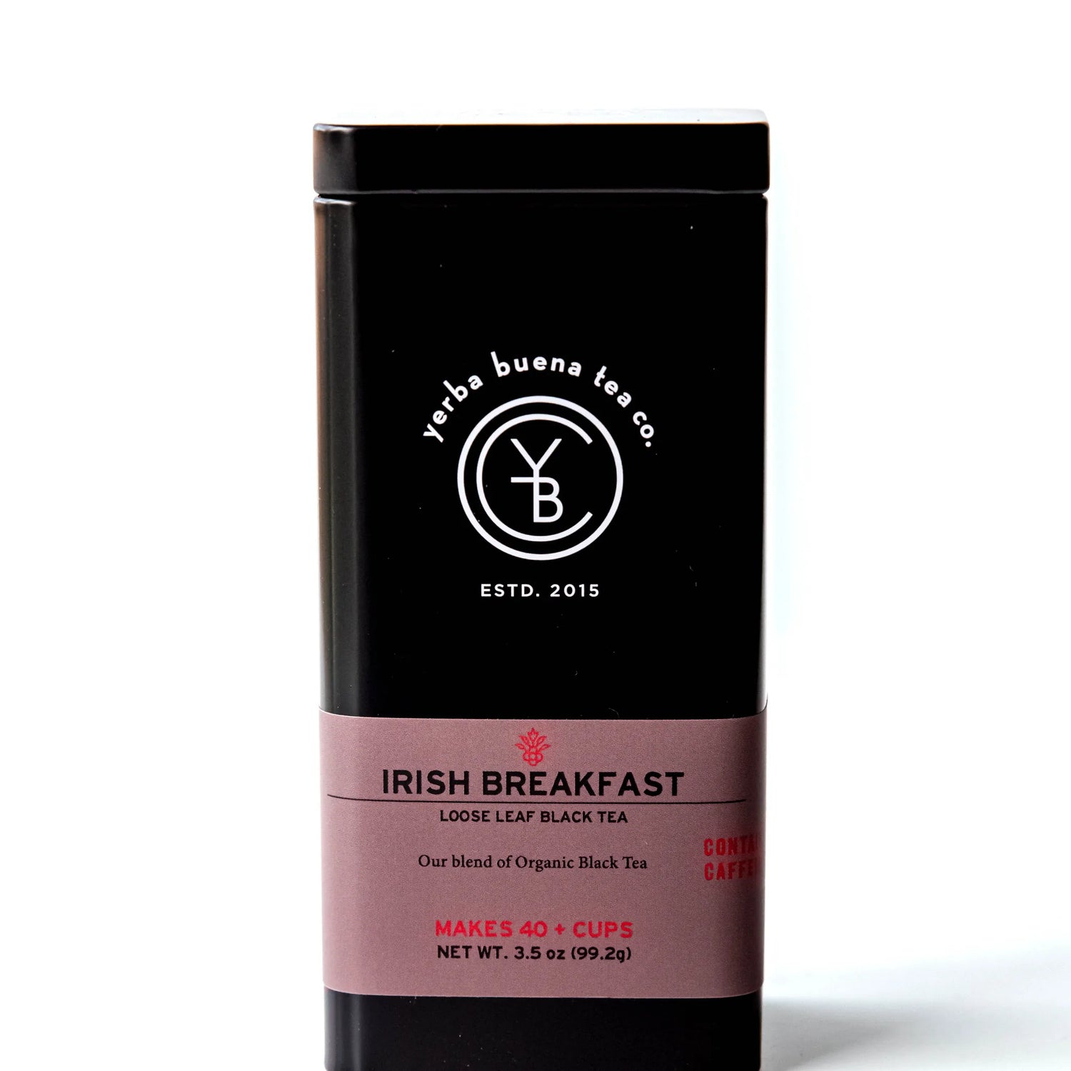 Irish Breakfast loose leaf black tea in a black canister with mauve label band, by Yerba Buena Tea Company.
