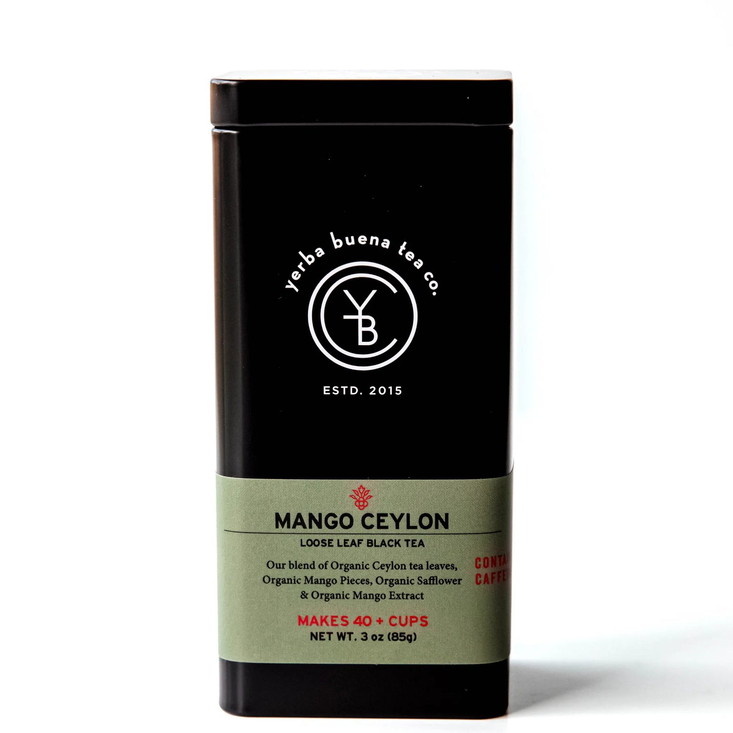 Mango Ceylon loose leaf black tea in a black canister with sage green label band, by Yerba Buena Tea Company.