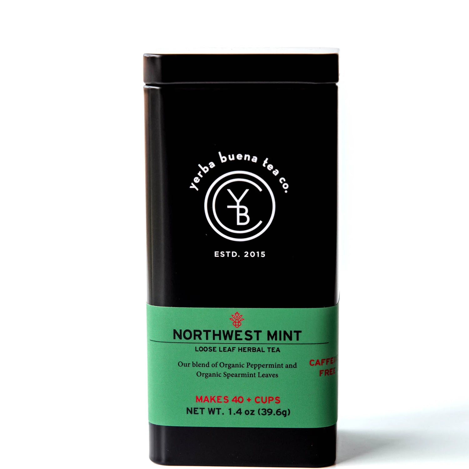 Northwest Mint loose leaf herbal tea in black canister with green label band, by Yerba Buena Tea Company.