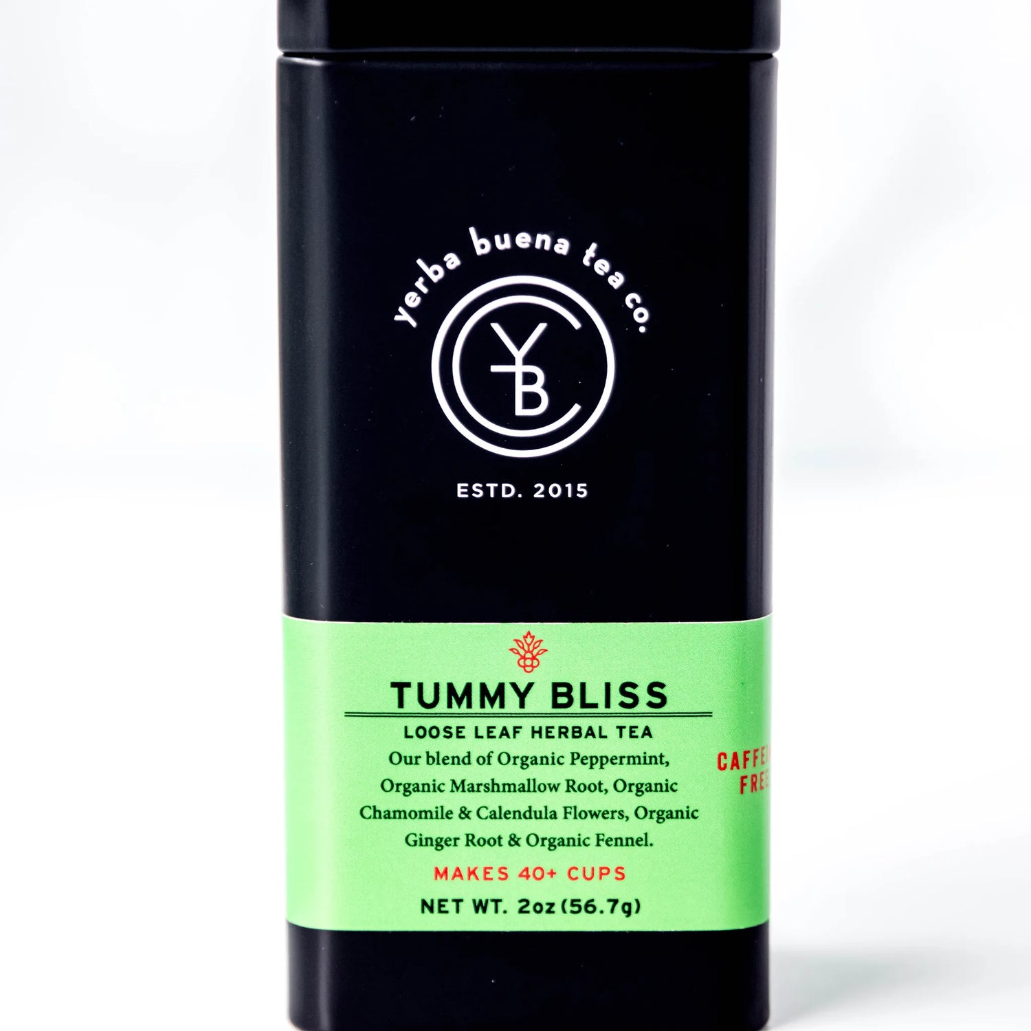 Tummy Bliss loose leaf herbal tea in a black cylindrical canister with green label band, by Yerba Buena Tea Company.