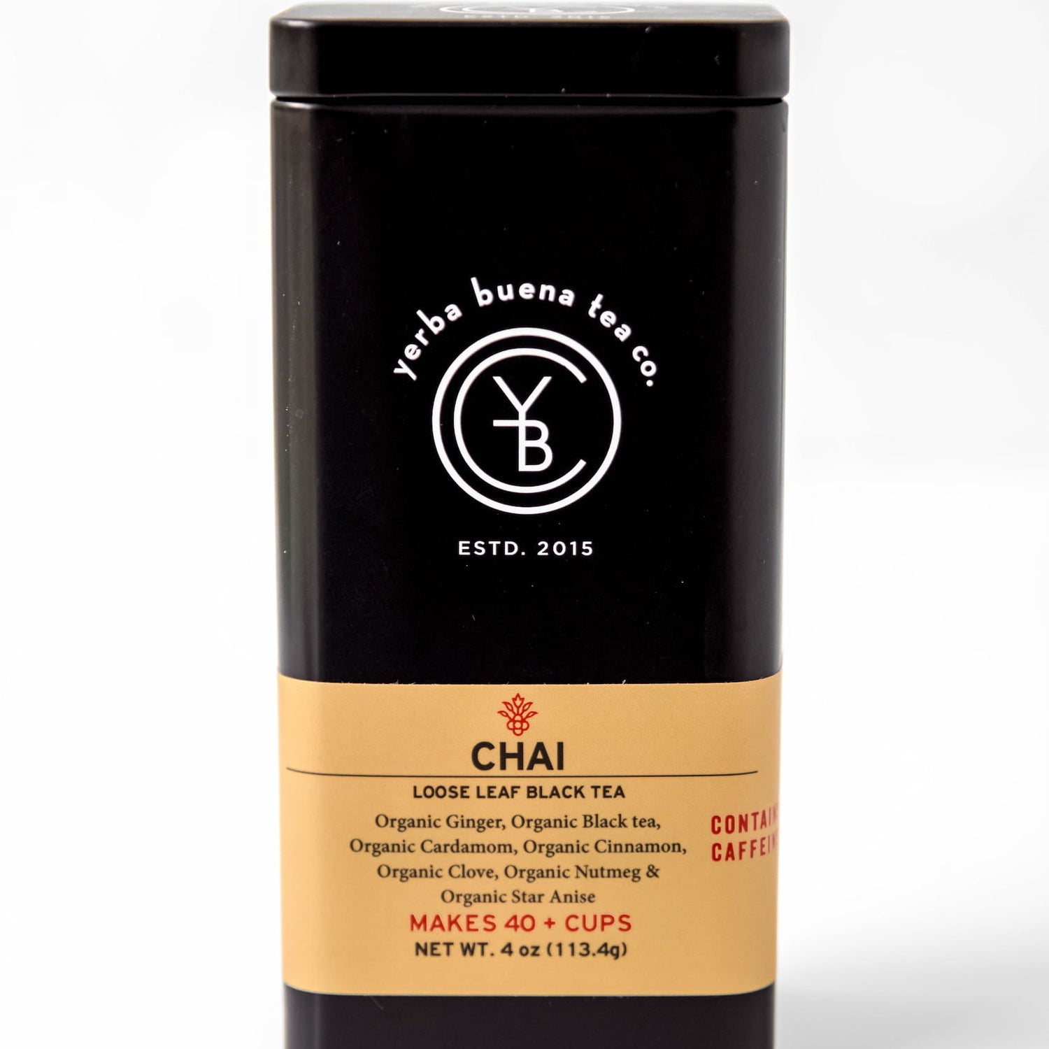 A 4 oz black tin of Yerba Buena Tea Co. organic Chai loose leaf black tea against a white background.