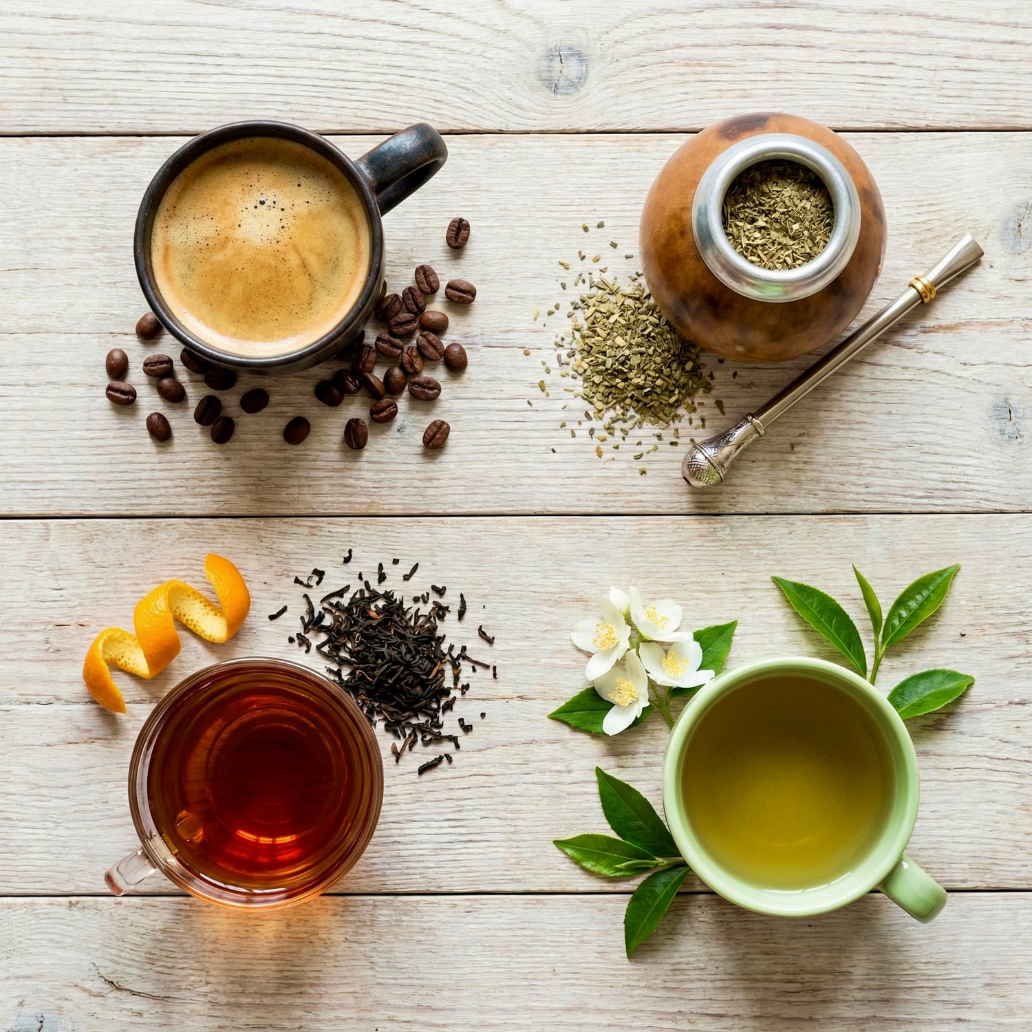 Comparison of beverages showing coffee beans, loose leaf black tea, and organic yerba mate to illustrate caffeine levels.
