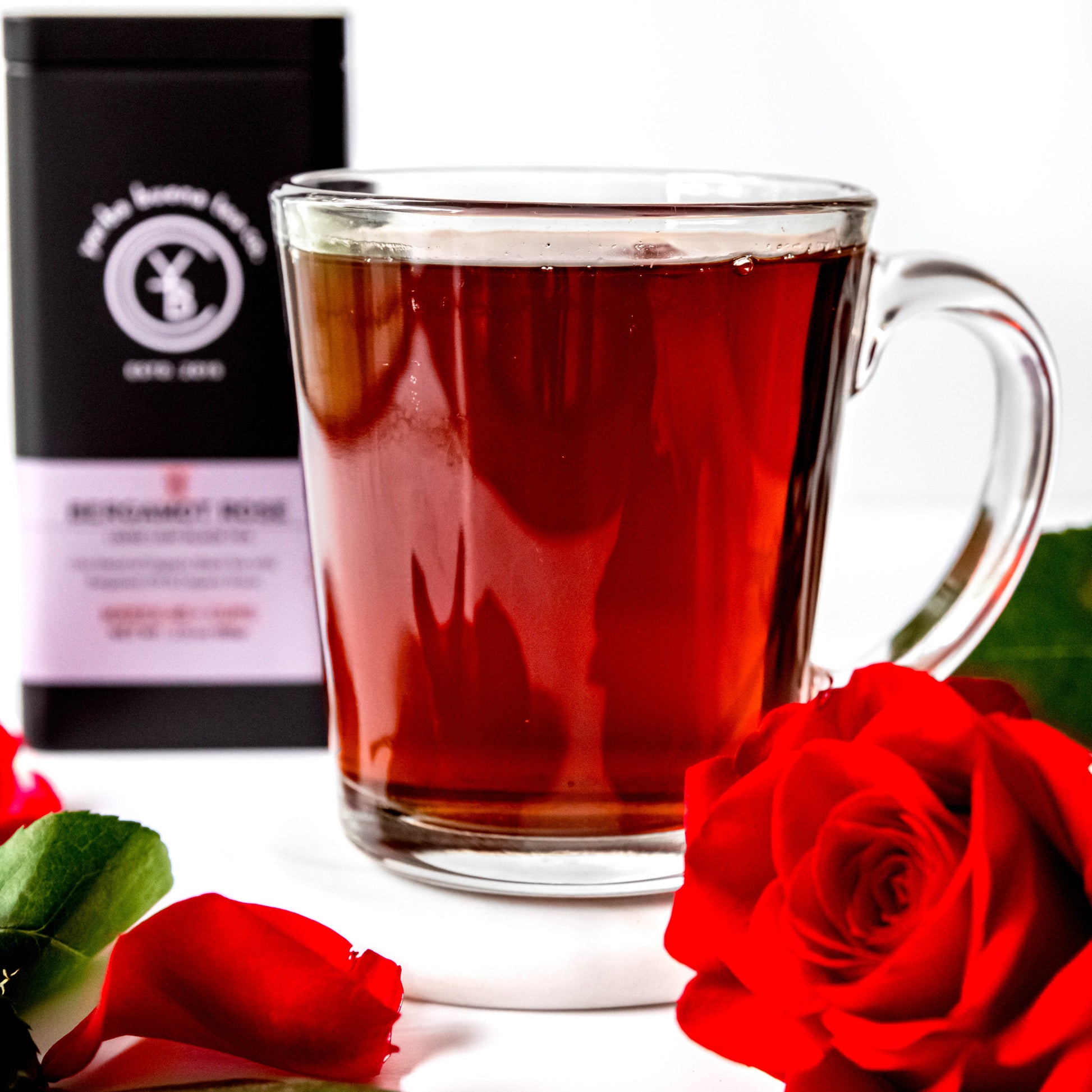 A cup of brewed Bergamot Rose tea from Yerba Buena Tea Co. Vibrant black tea blend with organic bergamot and rose petals.