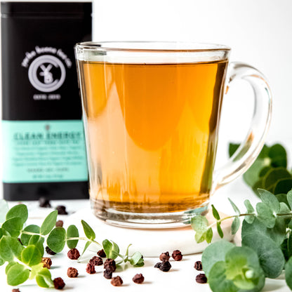 A cup of brewed Clean Energy tea from Yerba Buena Tea Co. Refreshing infusion with invigorating yerba mate and minty notes.