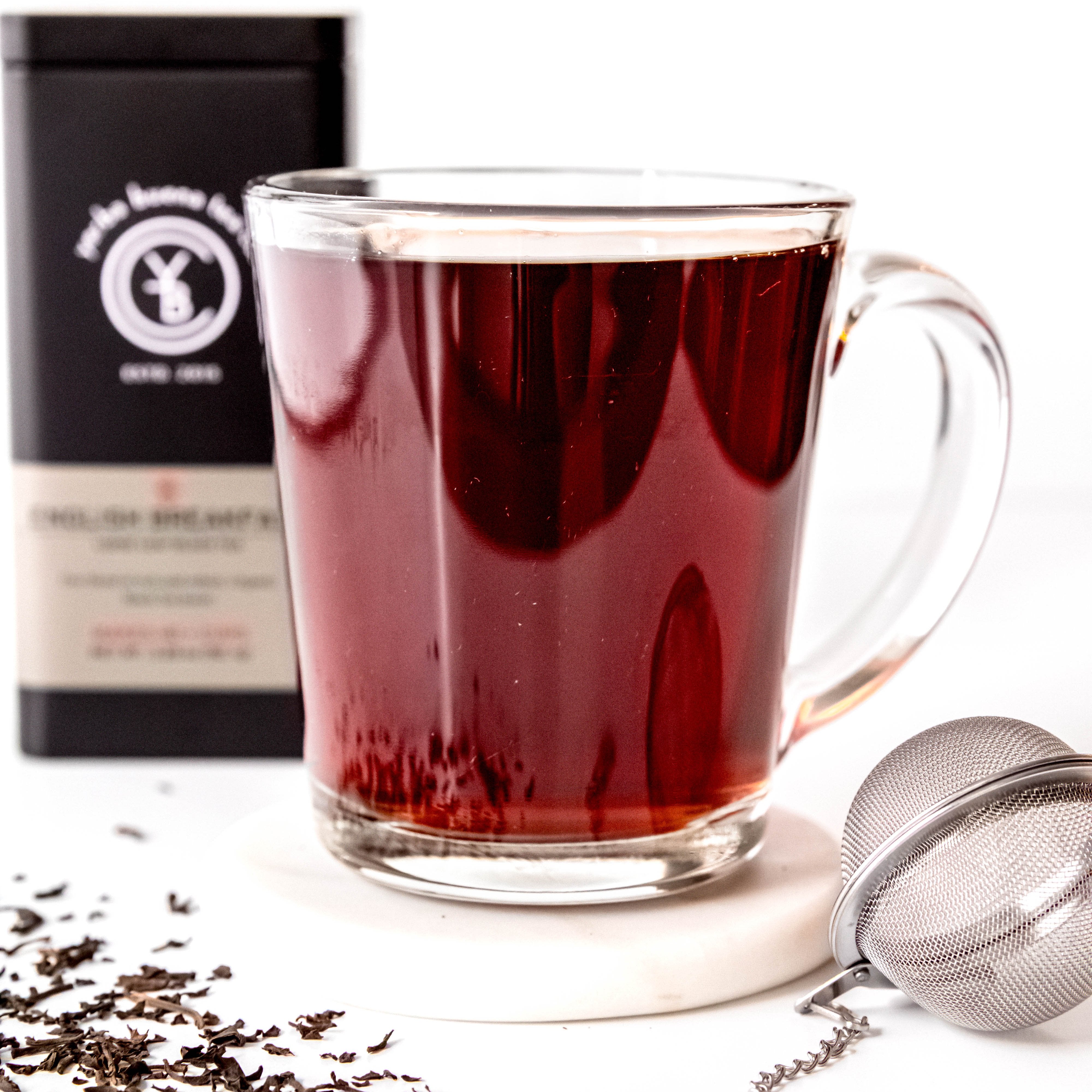 A cup of brewed English Breakfast tea from Yerba Buena Tea Co. Robust infusion with rich malty notes.