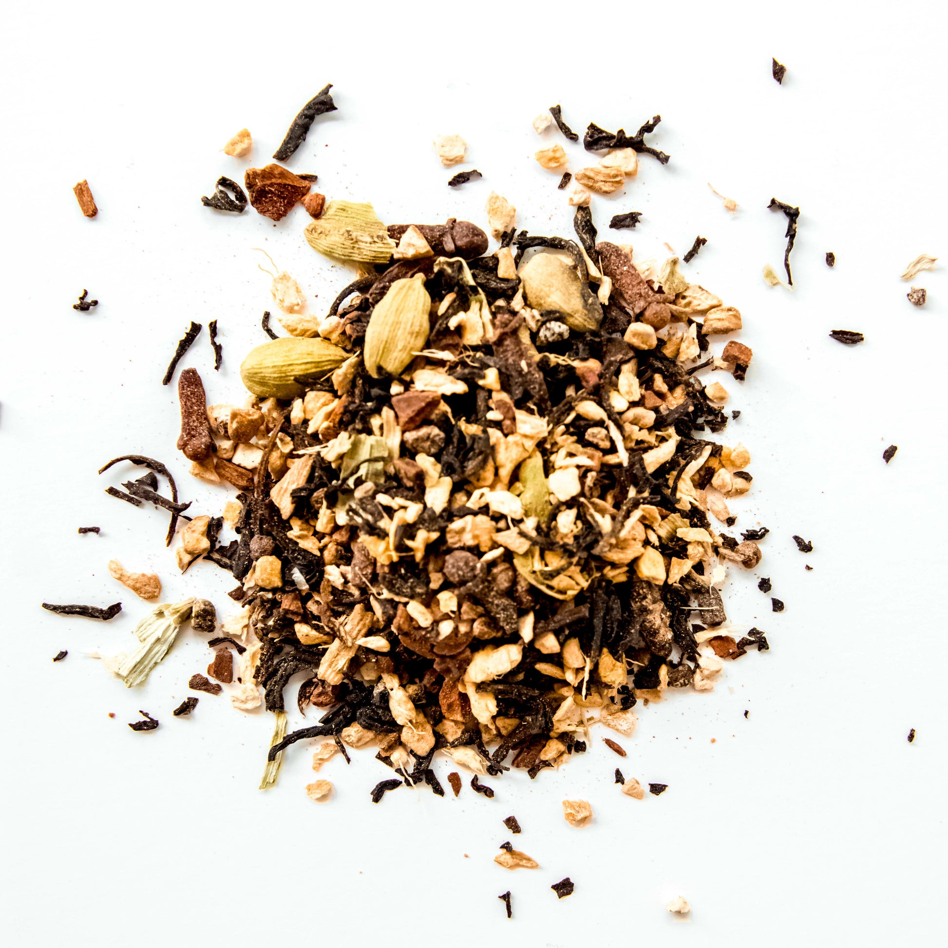 Loose leaf Chai black tea from Yerba Buena Tea Co. A caffeinated blend featuring organic Assam black tea, ginger, cardamom, cinnamon, nutmeg, and star anise.