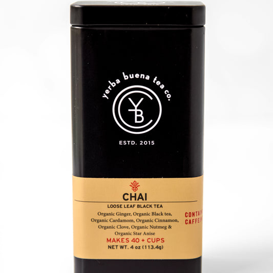 Yerba Buena Tea Co. Chai loose leaf black tea tin. Made with organic Assam black tea, ginger, cardamom, cinnamon, nutmeg, and star anise. Caffeinated blend for a spiced experience.