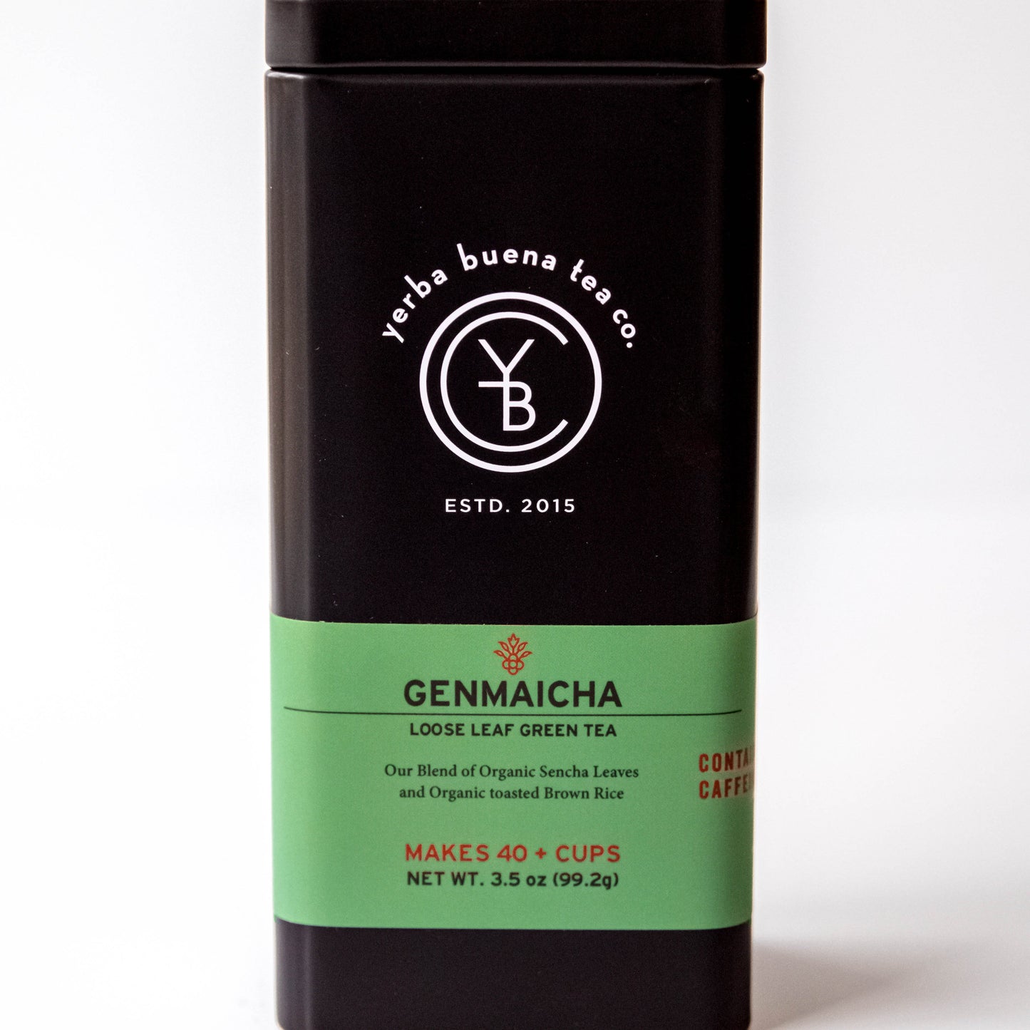 Yerba Buena Tea Co. Genmaicha loose-leaf tin. A nutty and toasty blend of organic green tea and roasted brown rice.