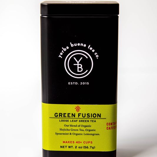 Yerba Buena Tea Co. Green Fusion loose-leaf tea tin. Organic blend of Hojicha green tea, spearmint, and lemongrass.