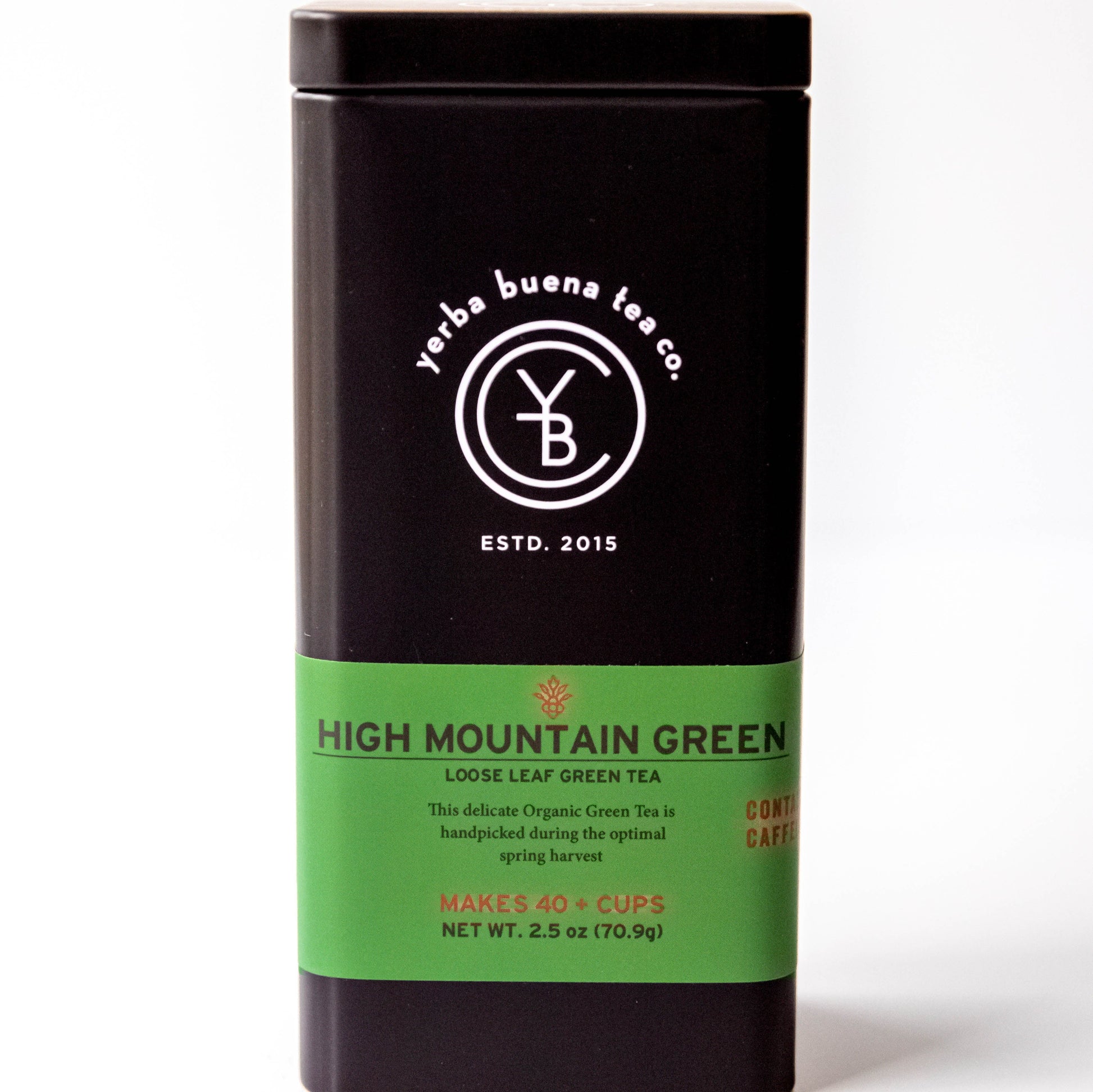 Yerba Buena Tea Co. High Mountain Green loose-leaf tin. A floral and grassy organic green tea.