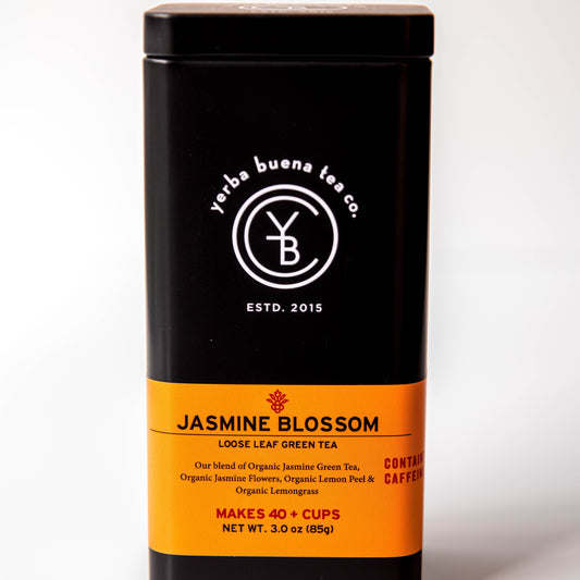 Yerba Buena Tea Co. Jasmine Blossom loose-leaf tea tin. Organic blend of green tea, jasmine flowers, lemongrass, and orange peel.