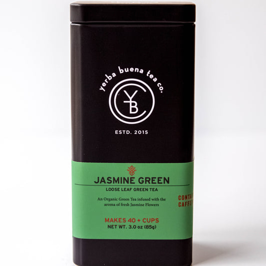 Yerba Buena Tea Co. Jasmine Green loose-leaf tin. A floral and refreshing organic green tea blend.