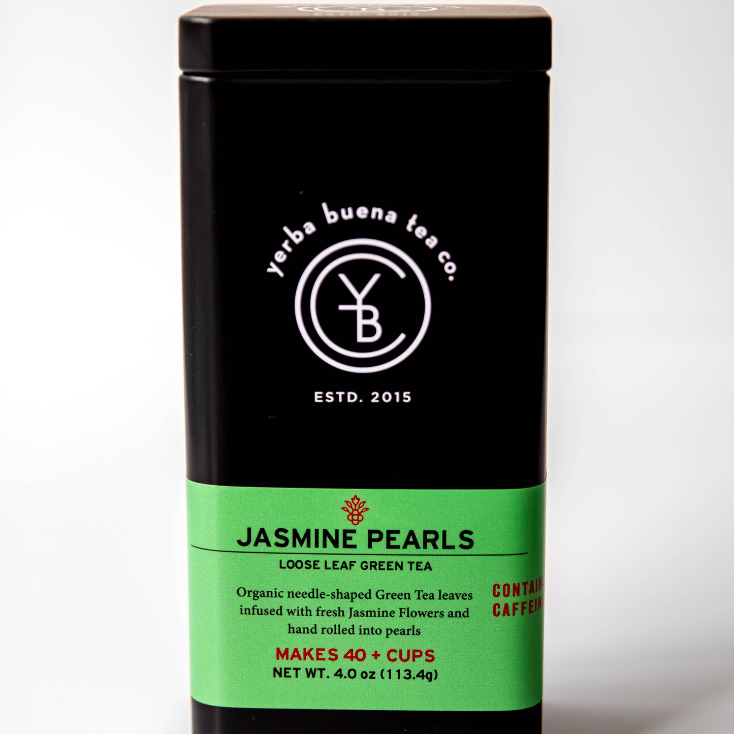 Yerba Buena Tea Co. Jasmine Pearls loose-leaf tea tin. Organic hand-rolled green tea infused with jasmine aroma.