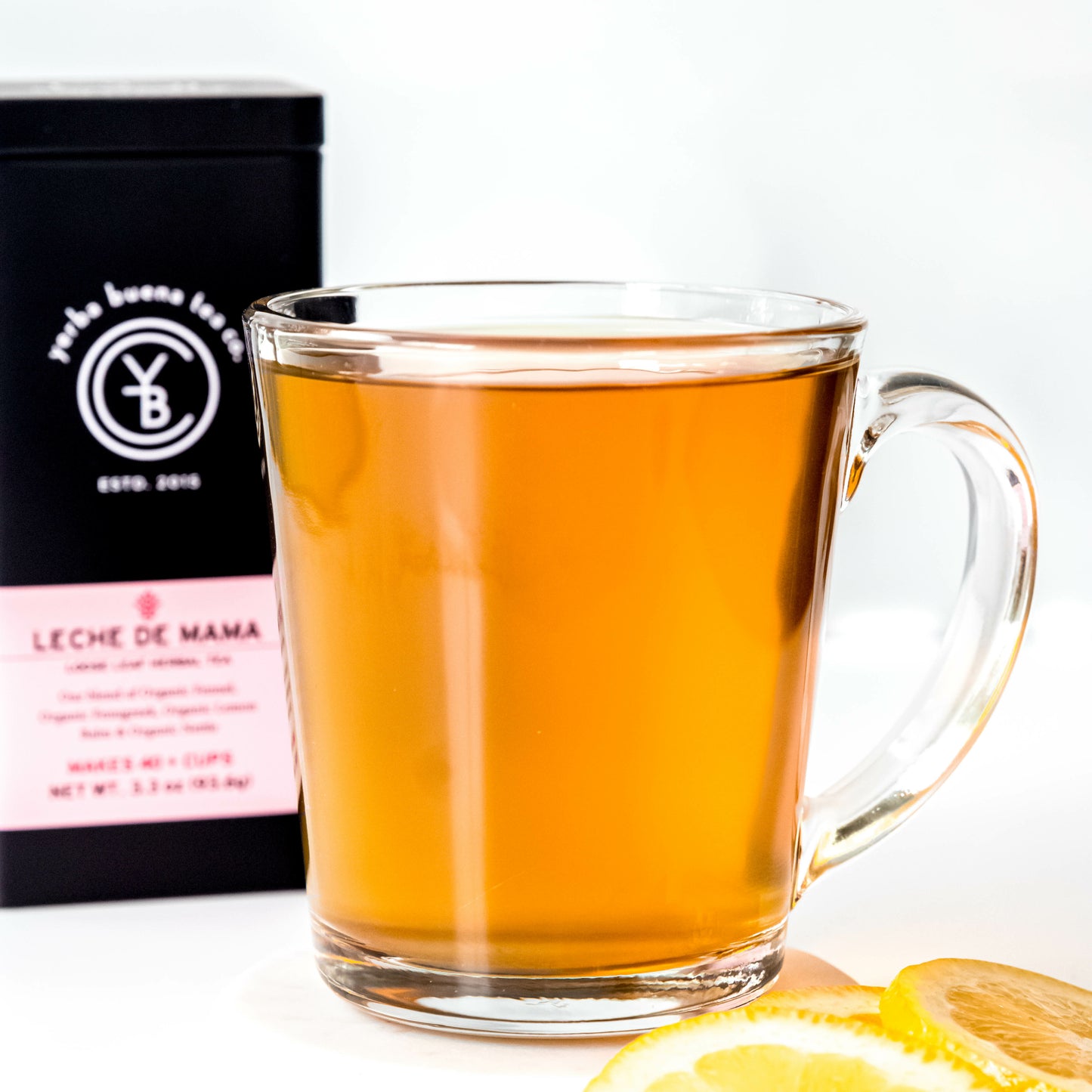 A cup of brewed Leche de Mama tea from Yerba Buena Tea Co. A nurturing caffeine-free herbal blend with organic fennel seed, fenugreek, nettle, and lemon balm.