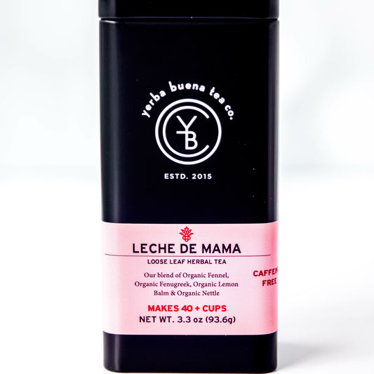 Yerba Buena Tea Co. Leche de Mama loose leaf herbal tea tin. Made with organic fennel seed, fenugreek, nettle, and lemon balm. Caffeine-free blend for nursing mothers.