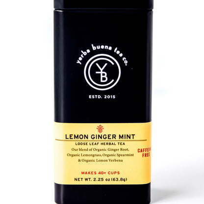 Yerba Buena Tea Co. Lemon Ginger Mint loose leaf herbal tea tin. Made with organic ginger root, lemongrass, spearmint, and lemon verbena. Caffeine-free blend for a refreshing experience.