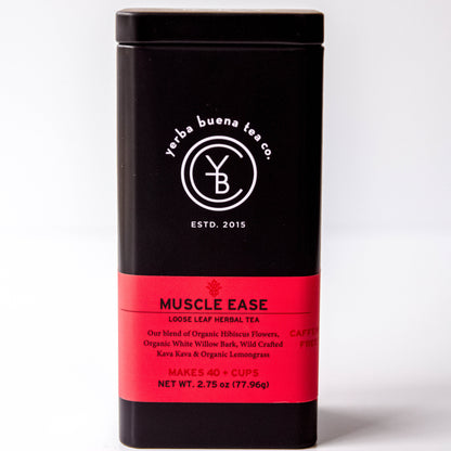 Yerba Buena Tea Co. Muscle Ease loose-leaf tin. A calming herbal tea blend with hibiscus, kava kava root, lemongrass, and white willow bark.