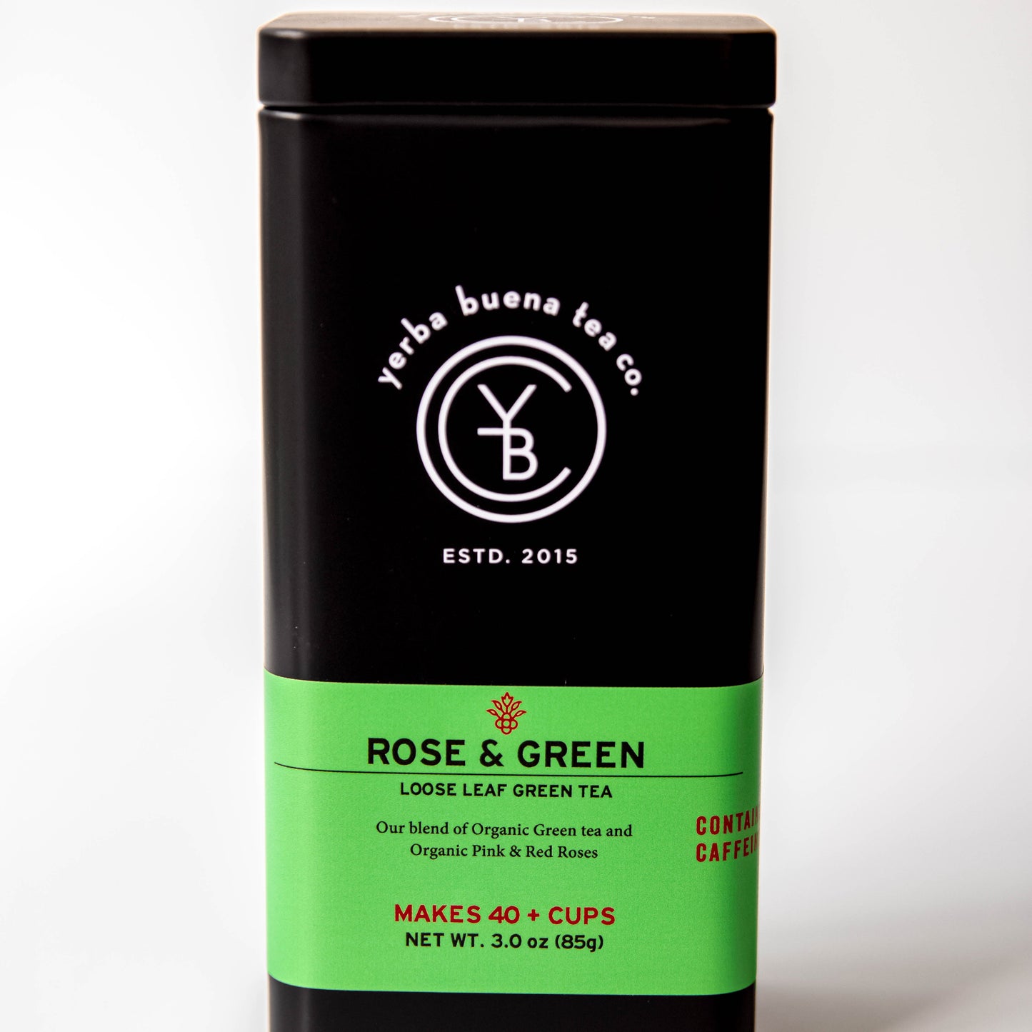 Yerba Buena Tea Co. Rose & Green loose-leaf tin. Organic blend of green tea and pink roses.