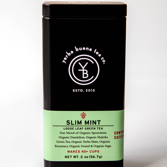 Yerba Buena Tea Co. Slim Mint loose-leaf tin. A high-caffeine blend of spearmint, green tea, and yerba mate.