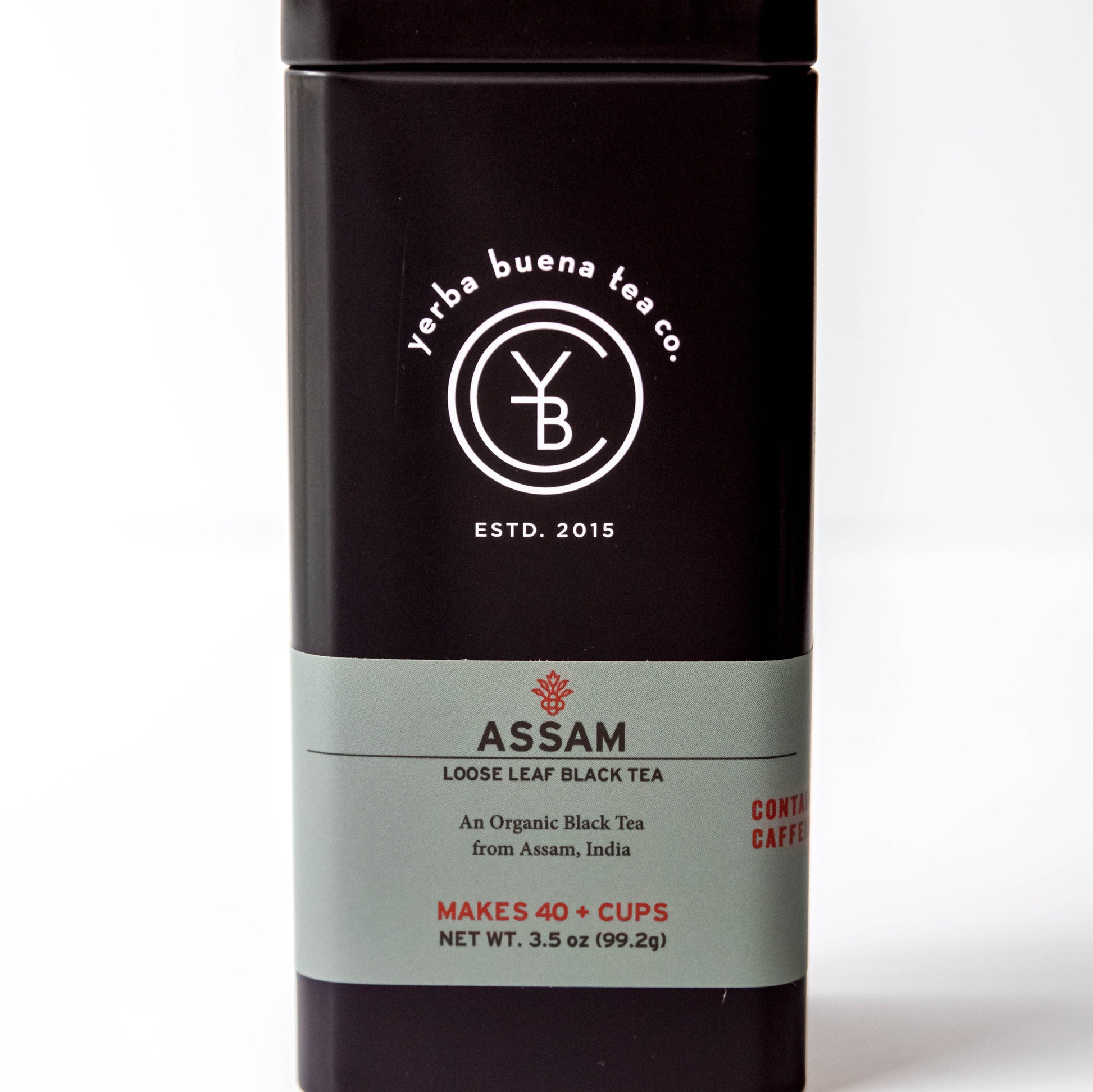 Yerba Buena Tea Co. Assam loose-leaf black tea tin. Organic Assam black tea with a robust, malty flavor.