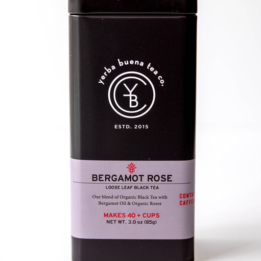 Yerba Buena Tea Co. Bergamot Rose loose-leaf black tea tin. Organic blend of black tea, bergamot, and rose petals.