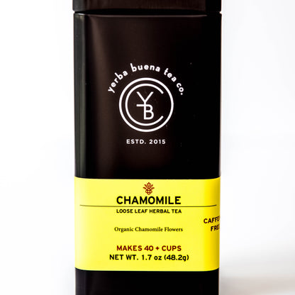 Yerba Buena Tea Co. Chamomile loose-leaf herbal tea tin. Organic Egyptian chamomile flowers.