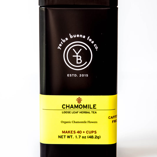 Yerba Buena Tea Co. Chamomile loose-leaf herbal tea tin. Organic Egyptian chamomile flowers.