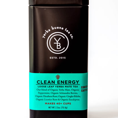 Yerba Buena Tea Co. Clean Energy loose-leaf yerba mate tea tin. Organic blend of yerba mate, peppermint, schisandra berries, eleuthero root, ginkgo biloba, licorice root, and eucalyptus.