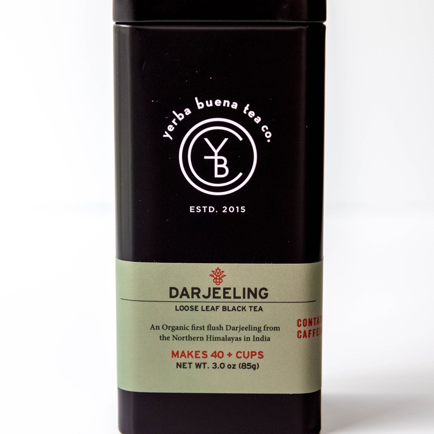 Yerba Buena Tea Co. Darjeeling loose-leaf black tea tin. Organic first-flush Darjeeling tea sourced from the Northern Himalayas.