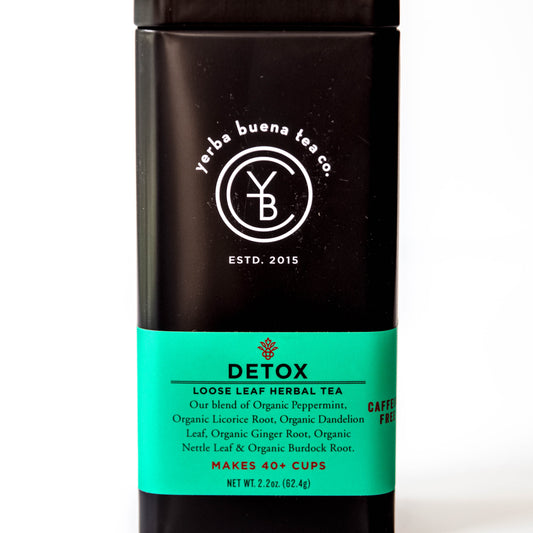 Yerba Buena Tea Co. Detox loose-leaf herbal tea tin. Organic blend of peppermint, licorice root, dandelion leaf, ginger root, nettle leaf, and burdock root.