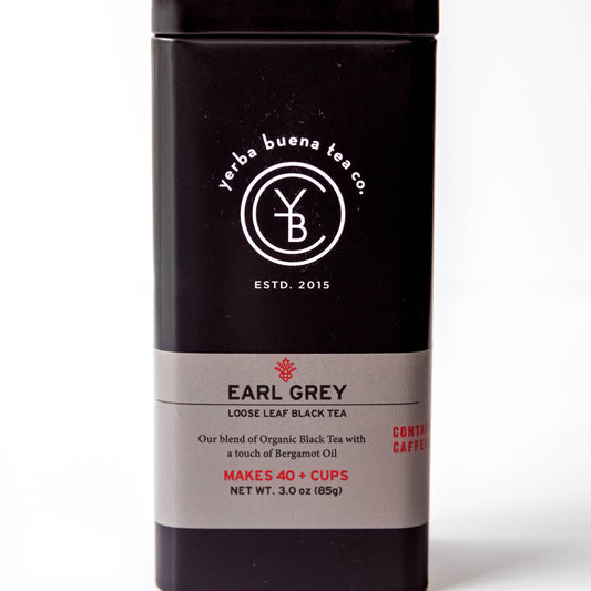 Yerba Buena Tea Co. Earl Grey loose-leaf black tea tin. Organic blend of black tea and bergamot oil.