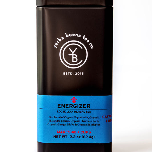 Yerba Buena Tea Co. Energizer loose-leaf herbal tea tin. Organic blend of peppermint, schisandra berries, eleuthero root, ginkgo biloba, and eucalyptus.