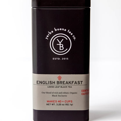 Yerba Buena Tea Co. English Breakfast loose-leaf black tea tin. Organic blend of black tea.