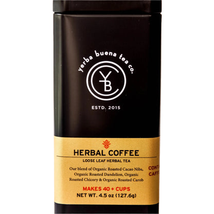 Yerba Buena Tea Co. Herbal Coffee loose-leaf blend tin. Organic, caffeine-free alternative to traditional coffee.