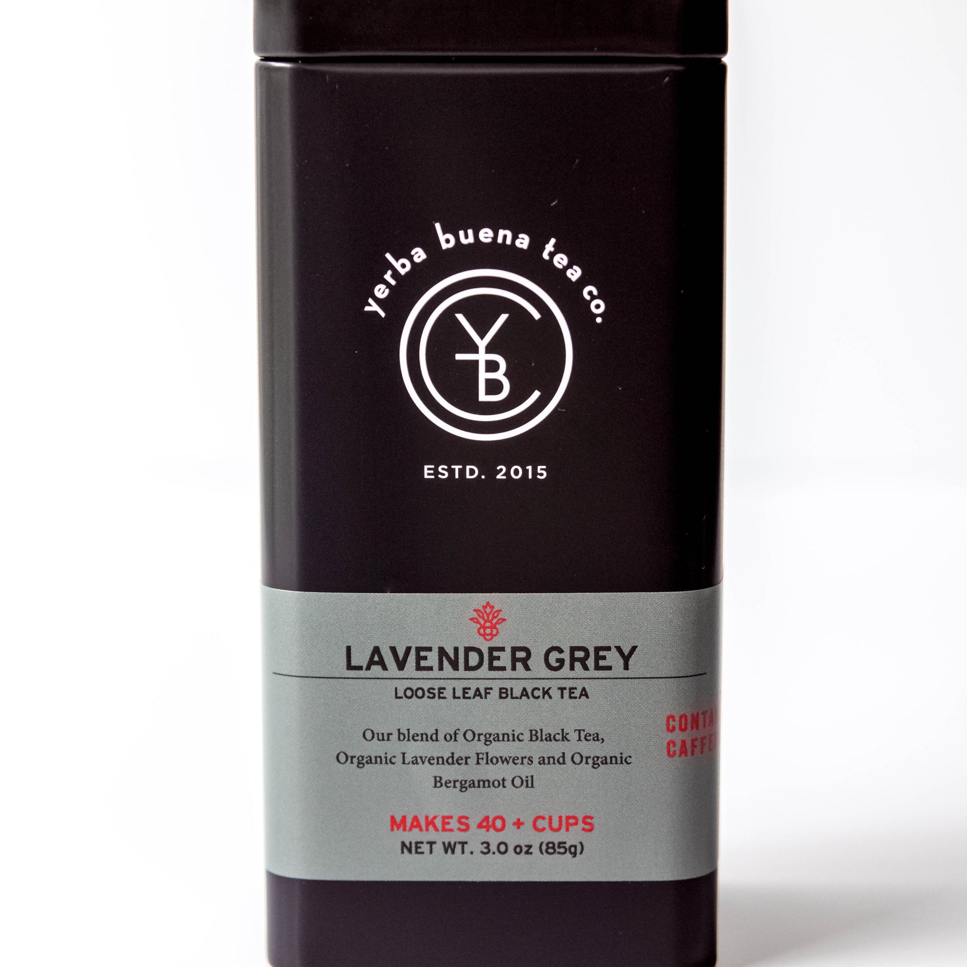 Yerba Buena Tea Co. Lavender Grey Tea loose-leaf tin. Organic blend of black tea, bergamot oil, and lavender flowers.