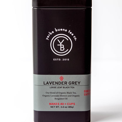 Yerba Buena Tea Co. Lavender Grey Tea loose-leaf tin. Organic blend of black tea, bergamot oil, and lavender flowers.