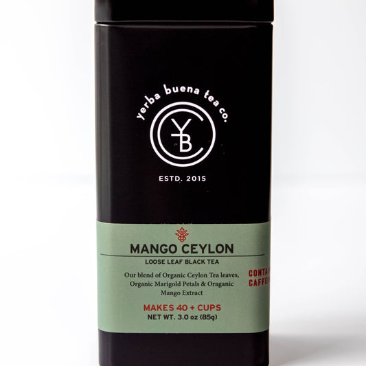 Yerba Buena Tea Co. Mango Ceylon Tea loose-leaf tin. Organic blend of Ceylon and Assam black teas with mango flavor.