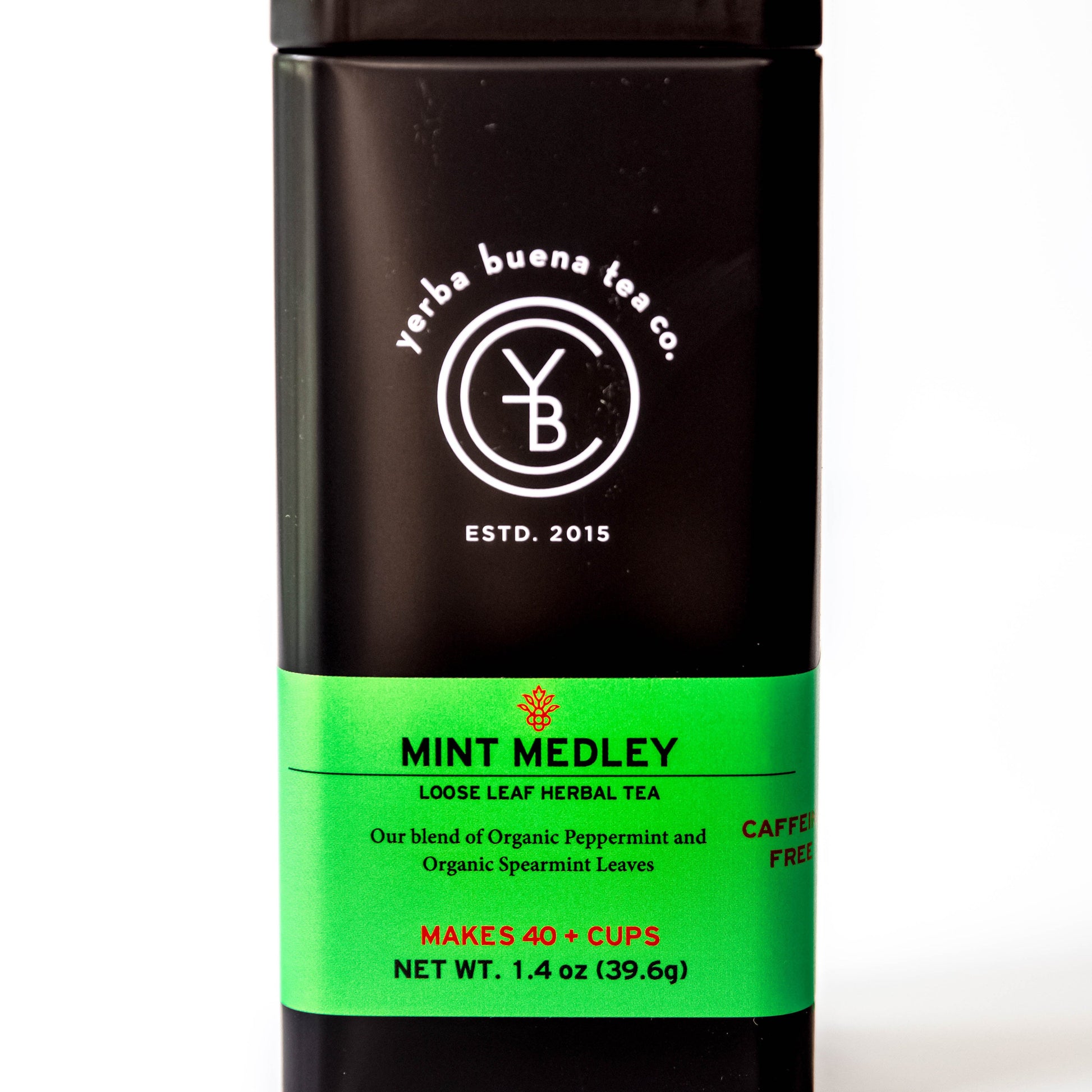 Yerba Buena Tea Co. Mint Medley loose-leaf tin. Organic blend of peppermint and spearmint leaves.