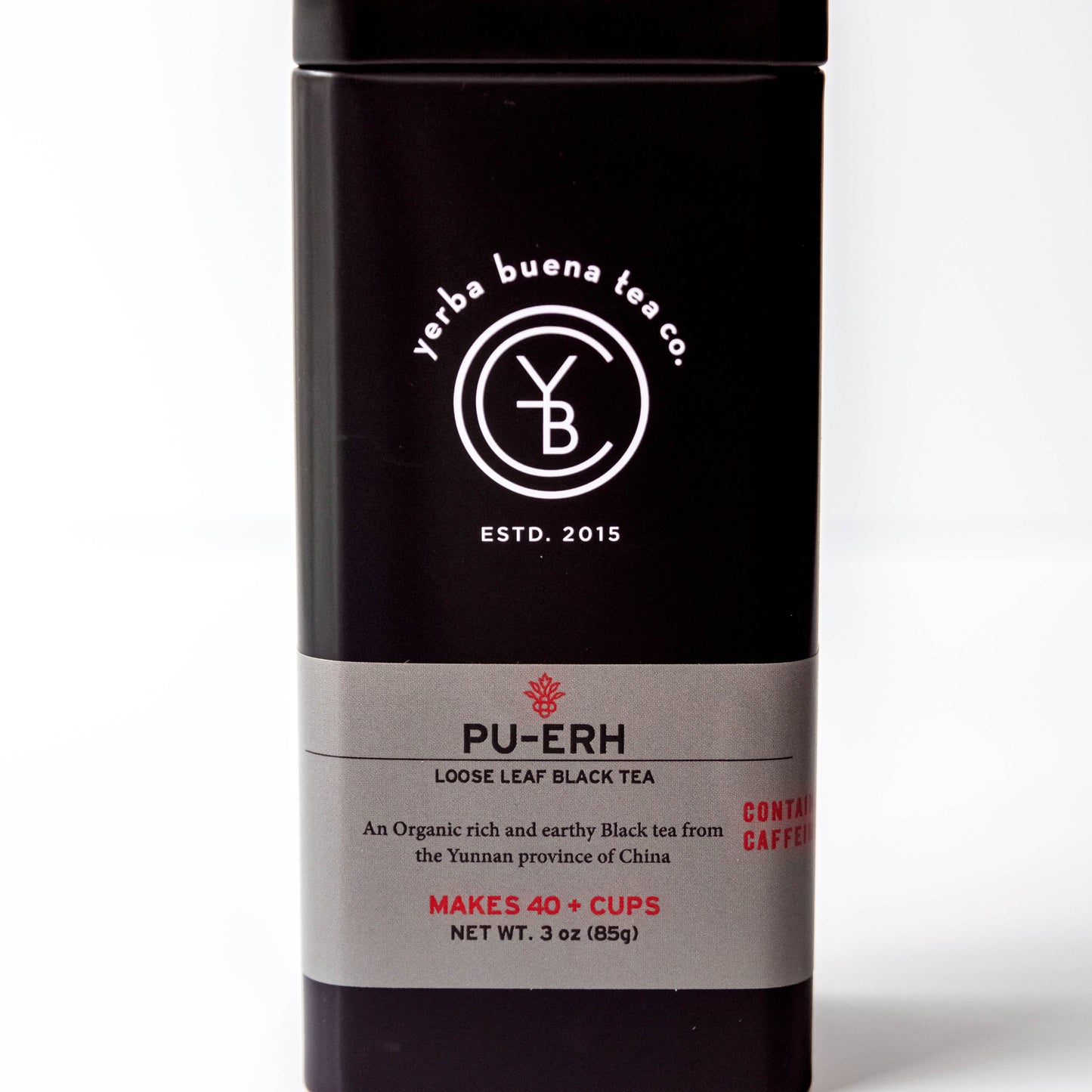 Yerba Buena Tea Co. Pu'erh Tea loose-leaf tin. Organic fermented black tea from Yunnan province.