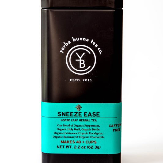 Yerba Buena Tea Co. Sneeze Ease loose-leaf tin. Organic herbal blend for allergy relief.